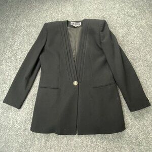 Vtg Emily Daniell Blazer Womens 10 Black Wool Lined Pearl‎ Button Jacket 90s